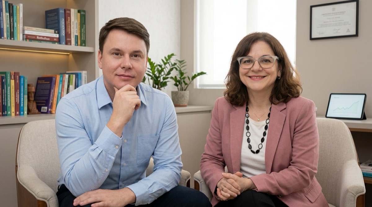 Dr. Ygor Corrêa e Dra. Gláucia Luiz sentados no consultório